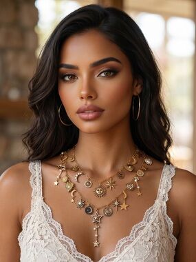 🌟J31. Boho Layered Gold Celestial Charms Necklace